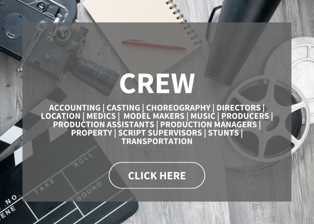 The Crew industry label, used to direct folks to roles with accounting, casting, choreography, directing, location, medic, model making, music, producer, production assistant, production manager, property, script supervisor, stunt, and transportation roles