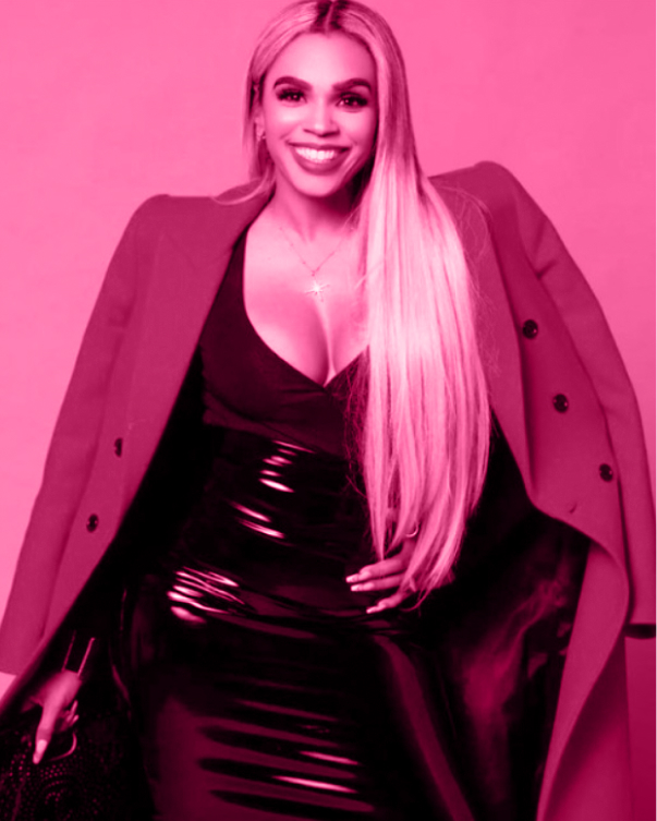 A pink tinted photo shows a young Black woman with long blond hair, a trenchcoat, and a black dress smiling toward the camera